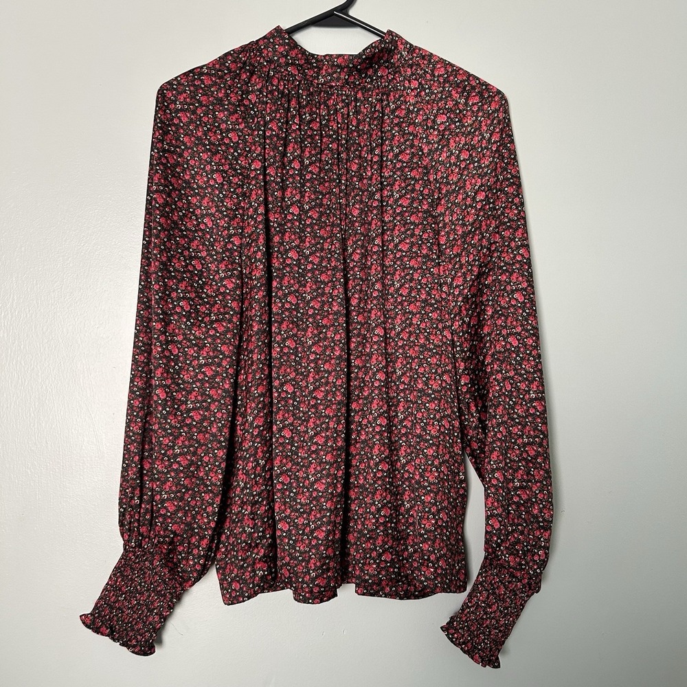 GAP Black Red Satin Monk Neck Floral Print Top Size Medium Button Closure